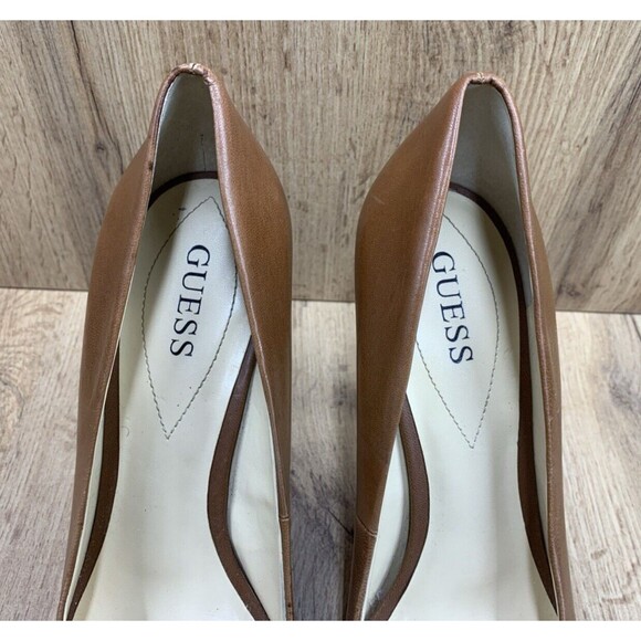 Guess Stilettos Platform Leather Pumps Women's Size 10 M Brown Peep Toe Patches3 - Picture 8 of 16